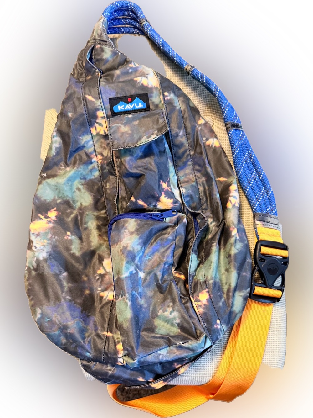 Kavu Multicolor Sling Bag with Blue Rope Strap & Orange Accent